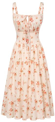SCARLET DARKNESS Vestito Donna Estivo, Lungo ed Elegante, Abito con Stampa e Spalline in Stile Vittoriano Giallo Chiaro L