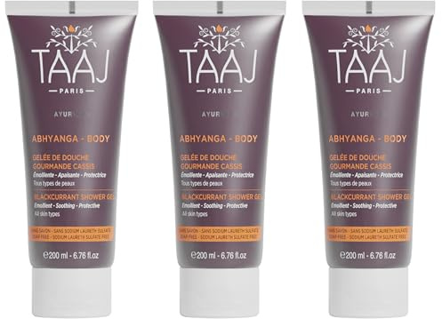 TAAJ | Gelée de Douche Cassis Abhyanga | Vertus Anti-Oxydant | Nettoie la Peau en Douceur | La peau est Délicatement Parfumée | Fabriqué en France | Vegan | CrueltyFree | Lot de 3x200ML