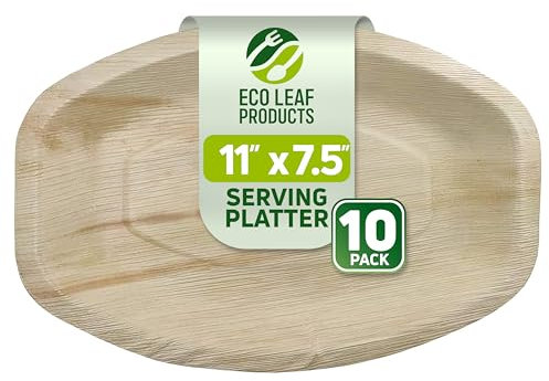 ECO Leaf 10 Disposable Palm Leaf Serving Platters, Medium Oval 11 x 7 (28cm x 19cm) Trays Starters Canape Wedding Plates Like Wooden Plates | Sturdy Hot Food Trays, Eco-Friendly Food Trays