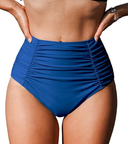 CUPSHE Dam hög midja bikini underdel skjorta magkontroll baddräkt full täckning retro badbotten (XS-4XL), Kungsblå, XL