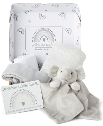 Baby Box Shop – 5 Essentials für Neugeborene, ideal als Babyparty-Geschenke und Taufgeschenke für Babys, Unisex, Elefanten-Babydecke, Fleecedecke, 2 x Musselin-Tücher, Geschenkkarte