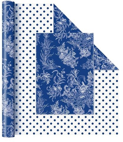 WERNNSAI Blaue Geschenkpapierrolle mit Blumenmotiv – 1 Rolle 43 cm x 10 m Blumenstrauß Geschenkpapier Geburtstagsgeschenk-Geschenkpapier für Erwachsene Hochzeits Brautparty Geschenkpapier