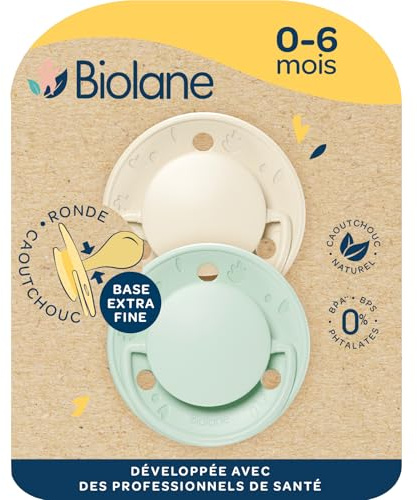 BIOLANE Runda nappar - extra fina nappar - 0–6 månader - grön och beige - napp i naturgummi - Respekt för munutvecklingen - Mjuka och bekväma - förnybara material