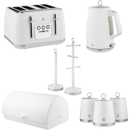 Swan Serenity Jug Kettle, 4 Slice Toaster, Bread Bin,Tea Coffee Sugar Canisters, Towel Pole & Mug Tree Matching Matte Kitchen Set (White)
