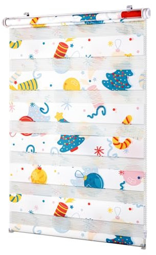 Deswell Doppelrollo Klemmfix ohne Bohren Weiß-Feuerwerk B40 x H120 cm(Stoffbreite 36cm) Doppelrollo mit Muster, Duo Rollos für Fenster ohne Bohren Rollos mit Motiv, Seitenzugrollo Lichtdurchlässig