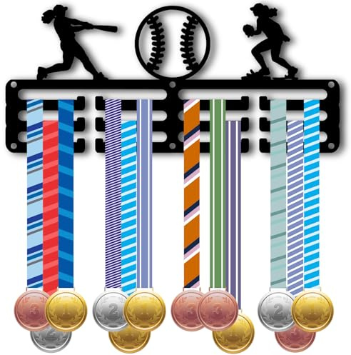 CREATCABIN Porta Medaglie Softball Espositore Medaglie 3 Fila 12 Ganci Piccoli Nastri in Metallo Premi Sportivi Organizer Montaggio A Parete Contiene 40+ premi Atleti Giocatori Badge La Casa 29x13cm