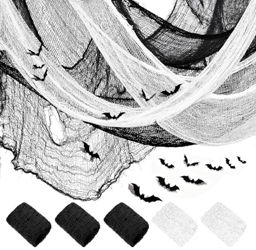 5 Stück 183 x 76 cm Halloween Gaze Stoff Deko gruselig käsetuch passiertuch Cheesecloth mit 12 3D Fledermäuse, Halloween türdeko und Party Decoration Innen Außen