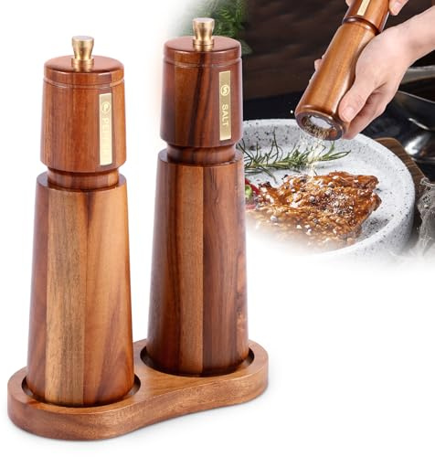 BAODBF 2 Pieces Wooden Salt Mill with Tray Adjustable Coarseness Versatile Kitchen Salt Pepper Mill with Ceramic Core for Chili Lilac