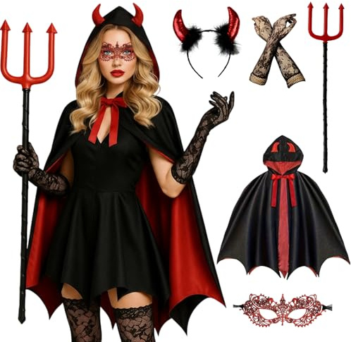 Moerstar 5 Pezzi Carnevale Costume Diavolo Donna Mantello con Cappuccio Vampiro Set con Forchetta Corna Accessori Vestito Diavolo Donna per Halloween Carnevale