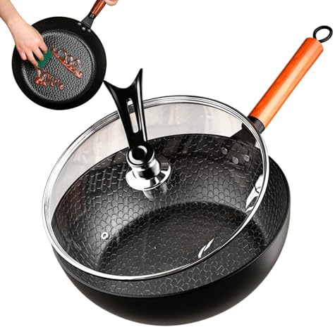 Non-Stick Frying Pan | Iron Cast Pan with Lid - Kitchen Cookware Handmade Hammered Cooking Skillet for Induction Cooker Baking Breakfast Dining Family Apartment Home Camping Picnic
