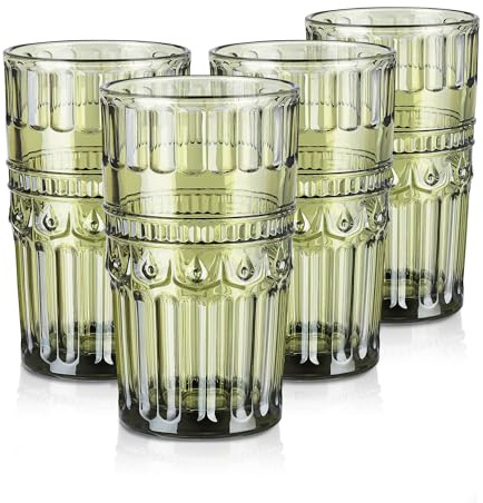 Joeyan Drinking Glasses Set of 4, 400ml/14oz Ribbed Embossed Highball Glass Water Tumbler with Geometric Pattern, Colored Vintage Tall Glassware Cup for Juice, Beer, Beverages, Cocktail, Green