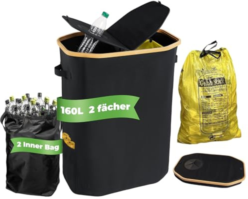 Bangleo Gelber Sack Ständer mit Deckel und Pfandflaschen Sammelbehälter ，Müllsackständer Für 60L-120L，Gelben Sack Mülleimer mit Klammer, Gelber Sack Behälter, Müllsystem für Küche