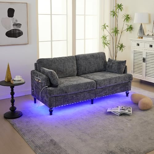 Ligterra Sofa 2 Sitzer, Sofa mit Schlaffunktion, Chenille mit Holzbeinen, LED-Licht, Ladeanschluss und Aufbewahrungstasche Wohnzimmer-Schlafzimmer-Arbeitszimmer, 175 * 83 * 78cm (Grau)