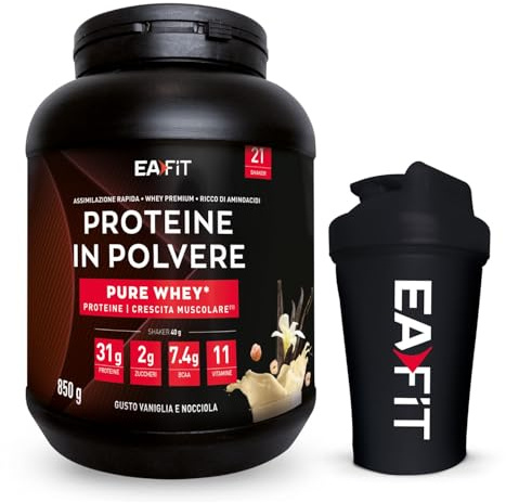Eafit Proteine in Polvere + Shaker Proteine Nero | Pure Whey Vaniglia alla Nocciola 850 g + shaker nero con miscelatore in acciaio