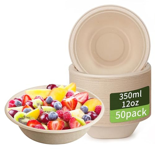 AMSGANK 50 Stück Einwegpapierschalen, 350ML Biologisch Abbaubar und Kompostierbar Einwegschalen Einmalgeschirr Einweg Suppenschalen Salatschale Perfekt für Party und Picknicks (12 oz)