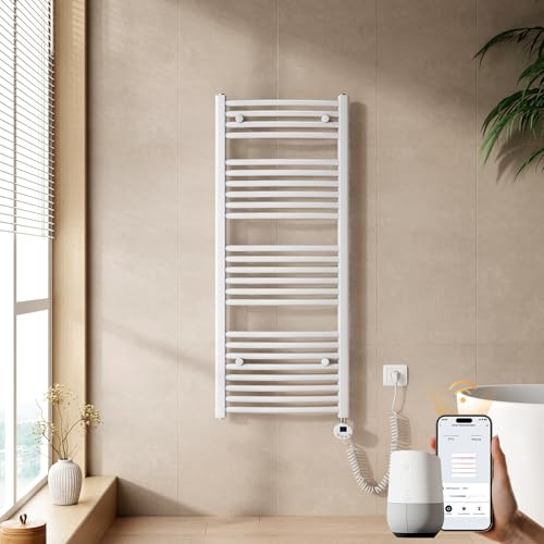 EMKE WiFi Handtuchheizkörper Elektrisch 1200x500 mm - Gebogen Badheizkörper Elektrisch, Elektrischer Handtuchwärmer Handtuchtrockner Handtuch Heizkörper Bad mit Thermostat und Heizstab - 500W, Weiß