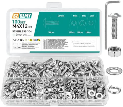 Juego de 100 tornillos M4, tornillos de cabeza alomada, M4 x 12 mm, acero inoxidable, juego de tuercas, tornillos de cabeza plana con brida, rosca completa para máquina, juego de tornillos roscados