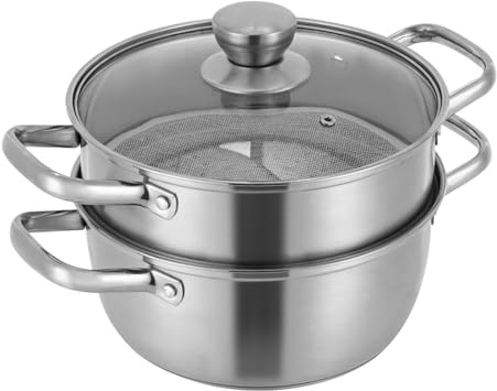 Pentola a vapore in acciaio inox, 22 cm, a 2 ripiani, in acciaio inox, grande capacità, coperchio visibile, manico stabile, per diversi piani di cottura come fornelli a gas, a induzione, Kera