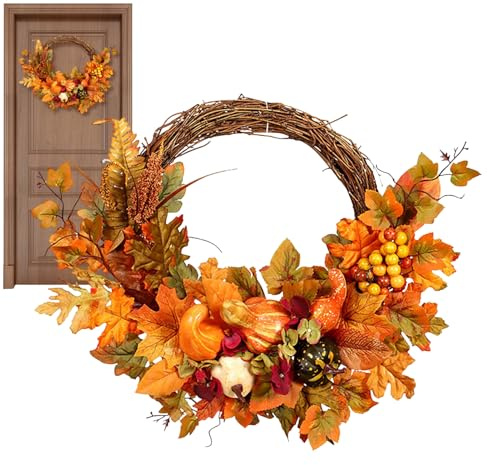 Herbst-Türkranz, Kürbis- mit Ahornblättern, künstliche Herbstdekoration, saisonaler Anhänger, Türdekoration für Festivals | P