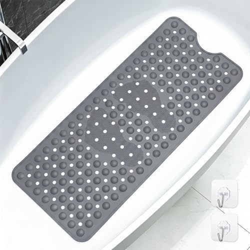 FALSKT Silikon Badewannenmatte Rutschfest 92x40cm mit 2 Haken Antirutschmatte Badewanne Duschmatte Rutschfest Badematte mit Ablauflöchern Saugnäpfen und Massage Schimmelresistent Schnelltrocknend Grau