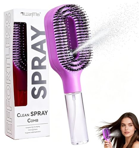 Hair Brush, 2-in-1 Misting Hair Brush with Built-In Water Spray Wet & Dry Detangling Brushes for Curly, Wavy & Straight Hairs, Hairbrush Mist Spray Water Mist Brushing Tool for Women Men (Purple)