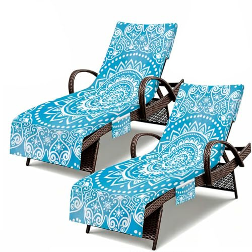 Treer 2 Pack Sun Lounger Towels with Pockets, Microfiber Beach Chair Cover with Side Organiser, Anti-Slip Poolside Lounge Towel for Sunbeds, Holiday & Garden Essentials (Mandala 1,74x210cm)