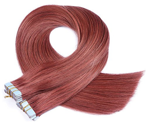 Tape In - On Hair Extensions - # 14 - ROT - 60cm - 50 Tressen je 4cm Breit / 2,5g - 100% Remy Echthaar Haarverlängerung/Extention mit Klebeband Tressen by NOVON Hair Extentions