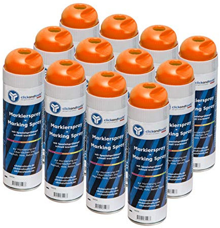 clickandtools Markierungsspray leuchtend orange 12'er Pack mit Spezialsprühkopf, schnell trocknend