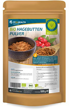 FP24 Health Bio Hagebuttenpulver 1kg - 100% Rohkost - Rosa Canina - Ökologischer Anbau - im Zippbeutel - Bio Hagebutten gemahlen - 1000g - Premium Qualität