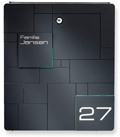 Metzler® Briefkasten mit Gravur-Service und Wandmontage in Anthrazit RAL7016 aus V4A Edelstahl rostfrei und wetterfest 385 x 330 x 110 mm verziert mit satiniertem Acrylglas salzresistent robust