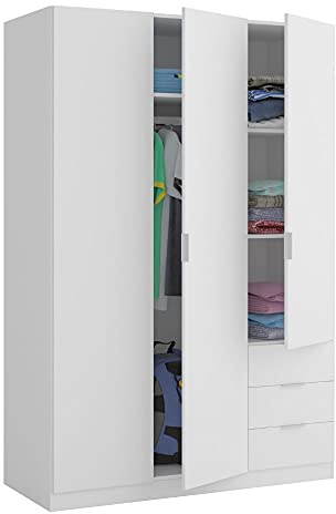 Mobelcenter - Armario 3 Puertas y 3 cajones - Medidas: 180 (Alto) x 121 (Ancho) x 52 (Fondo) cm - Armario Blanco - (1230)
