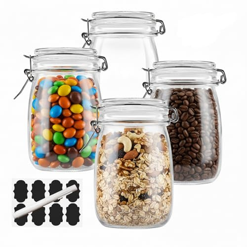 OAMCEG 4 Pack Mason Jars with Lids, 34 OZ Wide Mouth Glass Jars, Airtight Canning Jars with Clip Top Leakproof Seal for Coffee, Sugar, Flour, Pantry Storage