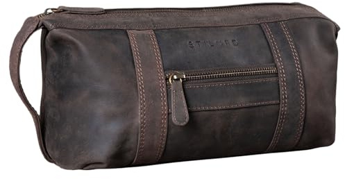 STILORD Bruno Leder Kulturbeutel Vintage für Herren Damen Große Kulturtasche Zwei Fächer Waschtasche mit Henkel für Reisen Farbe:dunkel - braun