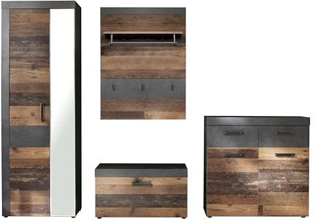 trendteam smart living - Indy - Garderobenkombination - Eiche/Grau - Garderobenschrank, Sitzbank, Paneel, Schuhschrank - (BxHxT) 265 x 192 x 37 cm - antikfarbene Griffe