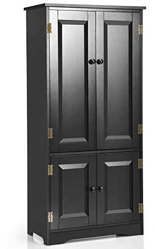 CASART Floor Storage Cabinet, Wooden Storage Cupboard with Adjustable Shelves and 4 Doors, Free Standing Hallway Sideboard for Living Room Bathroom Kitchen Office (Black)