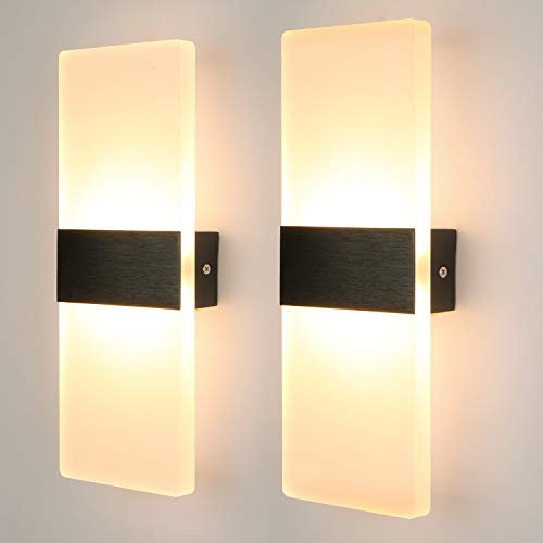 Glighone LED Modern Wall Lights Indoor Wall Lamp 12W, 3000K Hardwired Black Acrylic Wall Sconce Set of 2, Dimmable Wall Lights for Living Room, Bedroom, Kitchen (Warm White)