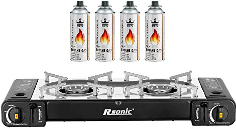 Mianova Campingkocher Doppel Gaskocher 2-flammig Schwarz 4 Gasflaschen