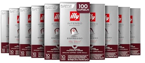 illy, Cafè en Capsules Compatibles en Aluminium INTENSO, 100% Arabica avec des Notes de Cacao et de Fruits Secs, Arrière-goût Corsé, 10 Paquets de 10 (100 Capsules au Total)