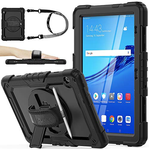 SEYMAC stock, Stoßfeste Ganzkörper-Schutz Tablette Hülle mit Bildschirmschutz Stifthalter [360 Grad Drehbarer Ständer] & Handschlaufe (Schwarz)