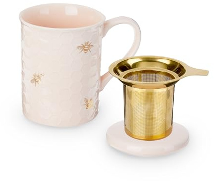 Pinky Up Annette Ceramic Tea Cup with Infuser and Lid, Travel Mug for Loose Leaf Teas, Home Office, Camping, Picnic Party, 12 oz, Set of 1, Honeycomb