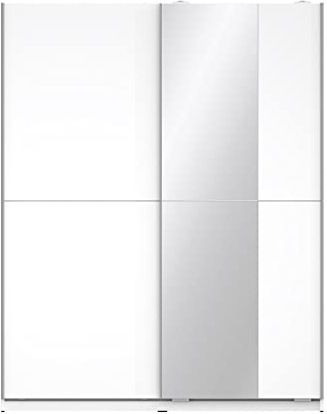 Forte WINNER Schrank 150, weißer Kleiderschrank mit Spiegel, Schwebetürenschrank Modern Schlafzimmer 2-türig mit Einlegeböden und Kleiderstange, Weiß, 150 cm breit x 190,5 cm hoch x 61 cm tief