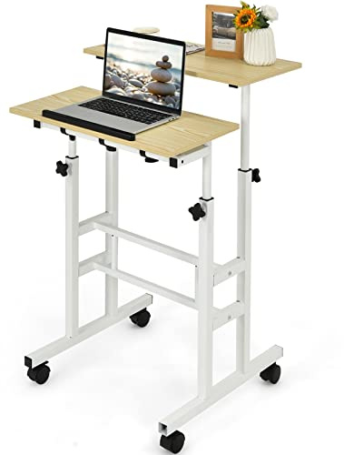 GOPLUS Mobiler Laptoptisch, Sit-Stand Arbeitstisch mit Rollen, höhenverstellbarer Stehtisch, Schreibtisch zum Stehpult für Notebook&Beamer, Präsentationswagen, für Zuhause&Büro (Natur)