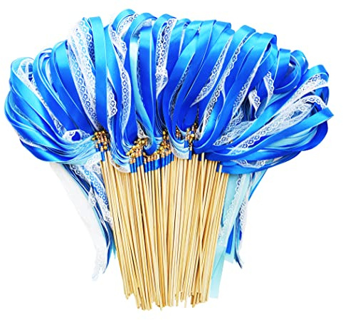 100 Pack Blue Lace Wedding Ribbon Wands Streamers with Bells Silk Fairy Wands Sticks Wedding Exit Ribbon for Party Activities Bridal Shower Send Off Holiday Celebration