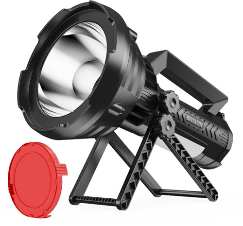 BUYSIGHT Rechargeable Spotlight Flashlight High Lumens 20000,Large Flashlight with 552 Yards Light Distance, Work Light Spot Lights Outdoor Handheld, Waterproof Searchlight with Stand&red Lens