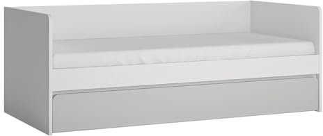 Lomadox Bett Bettgestell Einzelbett Funktionsbett Jugendbett Kinderbett Gästebett Liegefläche 90x200 cm mit Bettschublade weiß mit grau