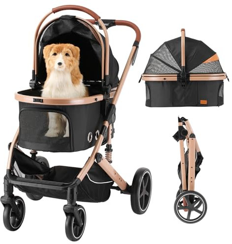 EchoSmile Hundewagen Hundebuggy bis 20 kg Klappbar Faltbarer, 4-in-1 Katzenwagen Hundebox mit 360°Verschleißfeste Gummiräder Netzfenstern, Pet Stroller mit für mittelgroße Hunde & Katzen, Schwarz