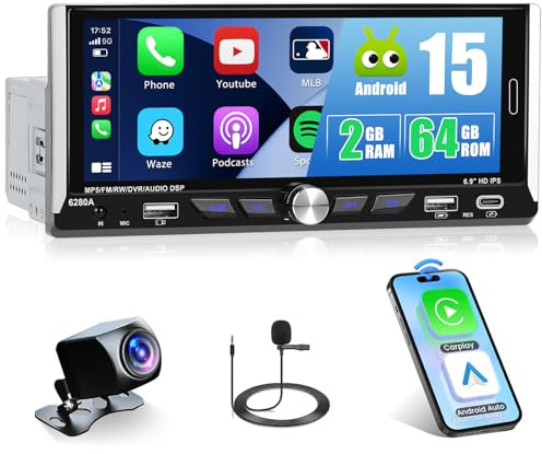 2+64G Android Single Din Car Stereo Wireless Apple CarPlay Android Auto,6.9 inch 1Din Touch Screen Radio Upgrade Car Audio Recevier Bluetooth GPS FM RDS, Single Din Head Unit+Free AHD Backup Cam