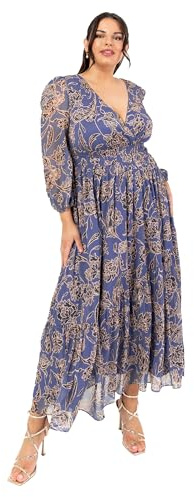Lovedrobe kvinnor maxiklänning långärmad V-hals Wrap front floral djurtryck tig-rygg A-linje elastisk midja blå 44, blå, 44