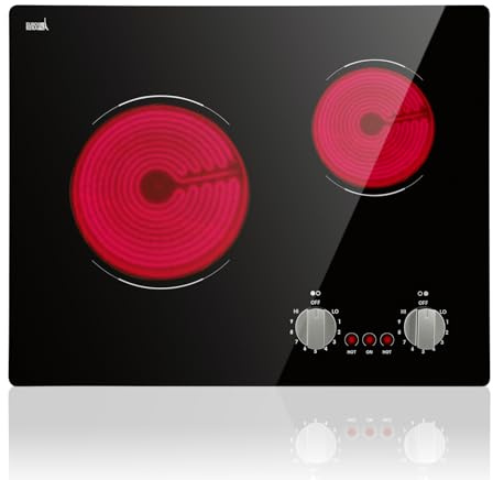 Electric Cooktop 2 Burner, 21 Inch Double Electric Stove Top Mechanical Knob Control Built-in 3700W Large Ceramic Stove Top, 9 Heating Level, 220-240V, Hard Wired,Overheating Protection
