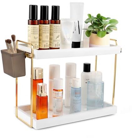 2-Tier Bathroom Counter Organizer, Countertop Perfume Tray and Vanity Organizer, Cosmetic Organizer Countertop, Wood Tray for Kitchen Counter Storage, Bathroom and Skincare Organization - White